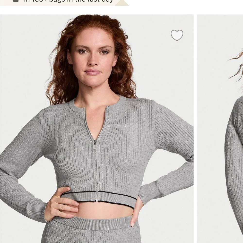 Victoria’s Secret Gray Luxe Ribbed Knit Zip-Up Cardigan and Crop Tank Set XS/S - Picture 2 of 12